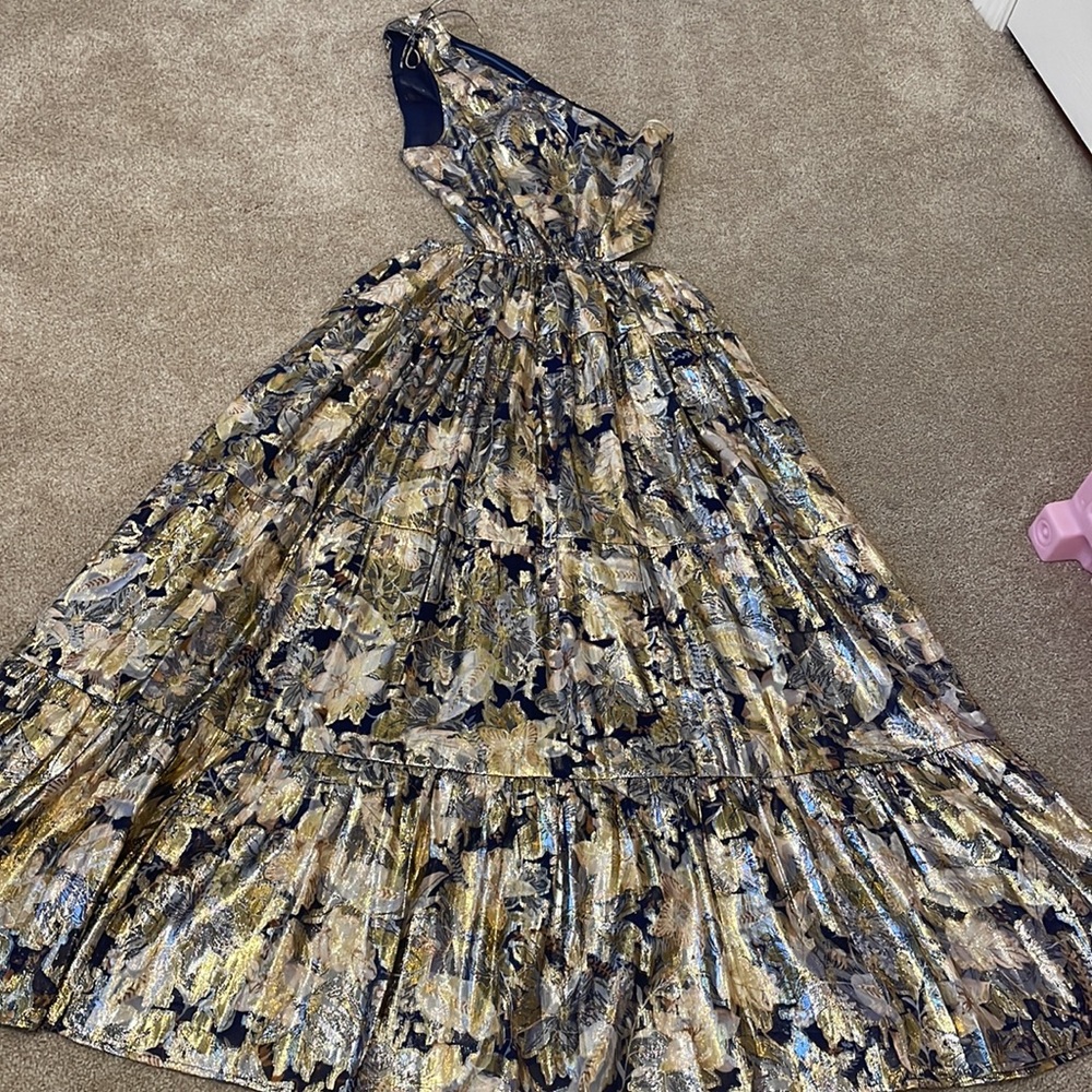 J. Crew Collection Gold one-shoulder silk-Lurex® dress in lily swirl